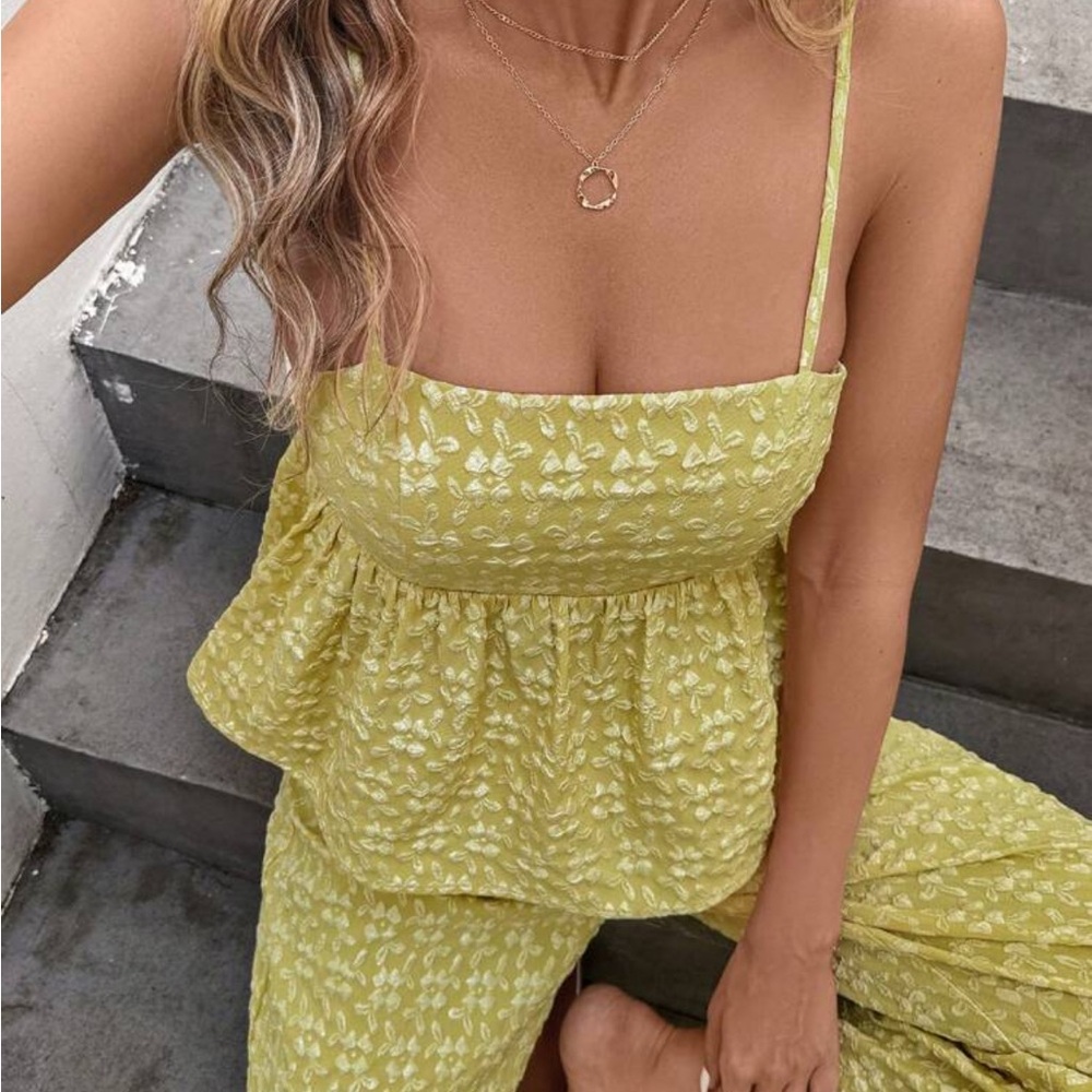 Lime Green Floral Strapless Top and Pants Set